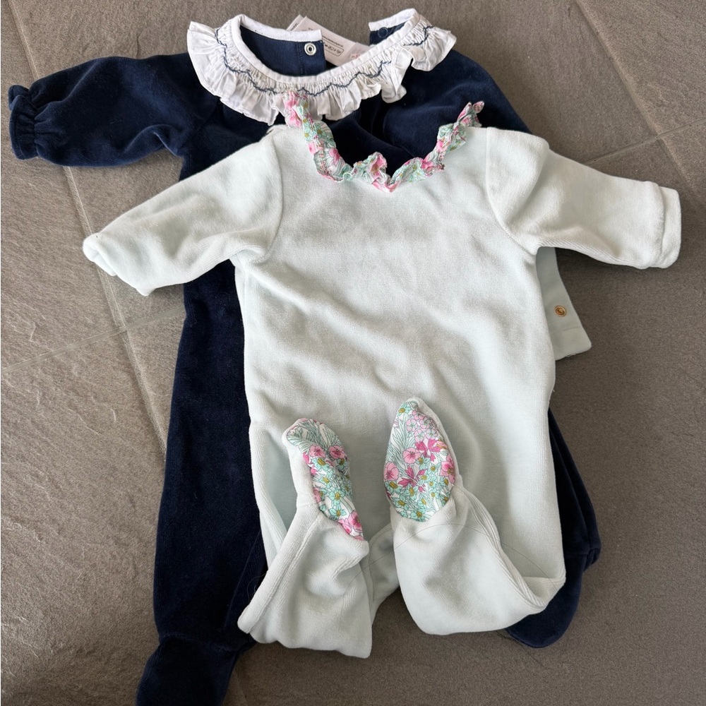Jacadi Mint and Navy Floral-Trim Footed One-Piece Set